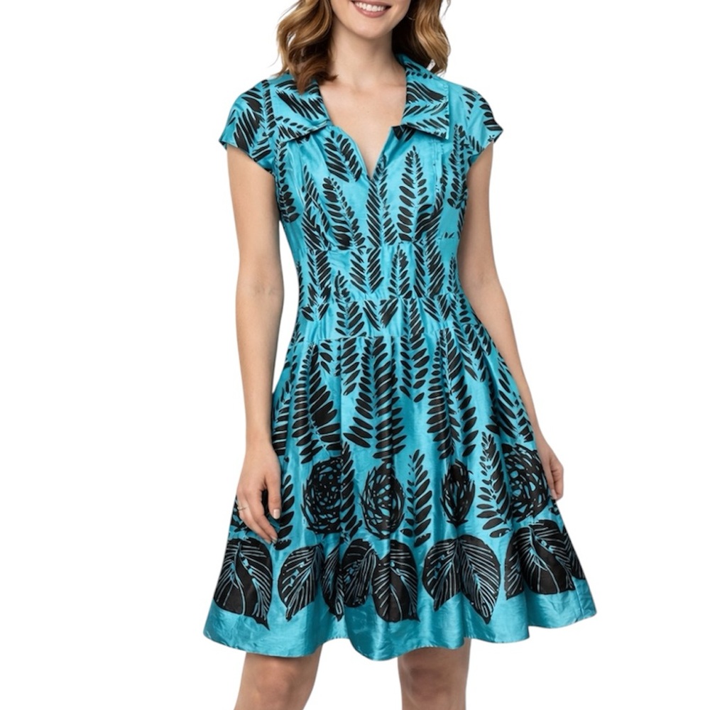 Kay Unger NY Vintage Teal Blue and Black Silk Cocktail Party Dress